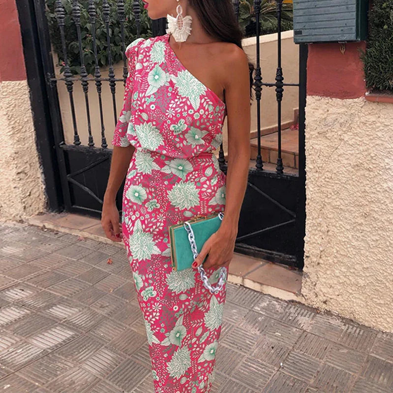 Women Elegant Skew Neck One Shoulder Short Sleeve Dress Sexy Backless Slim Party Dress Ladies Fashion Flower Print Dresses