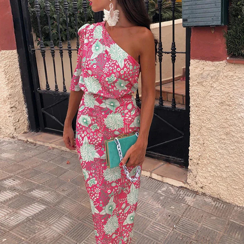 Women Elegant Skew Neck One Shoulder Short Sleeve Dress Sexy Backless Slim Party Dress Ladies Fashion Flower Print Dresses