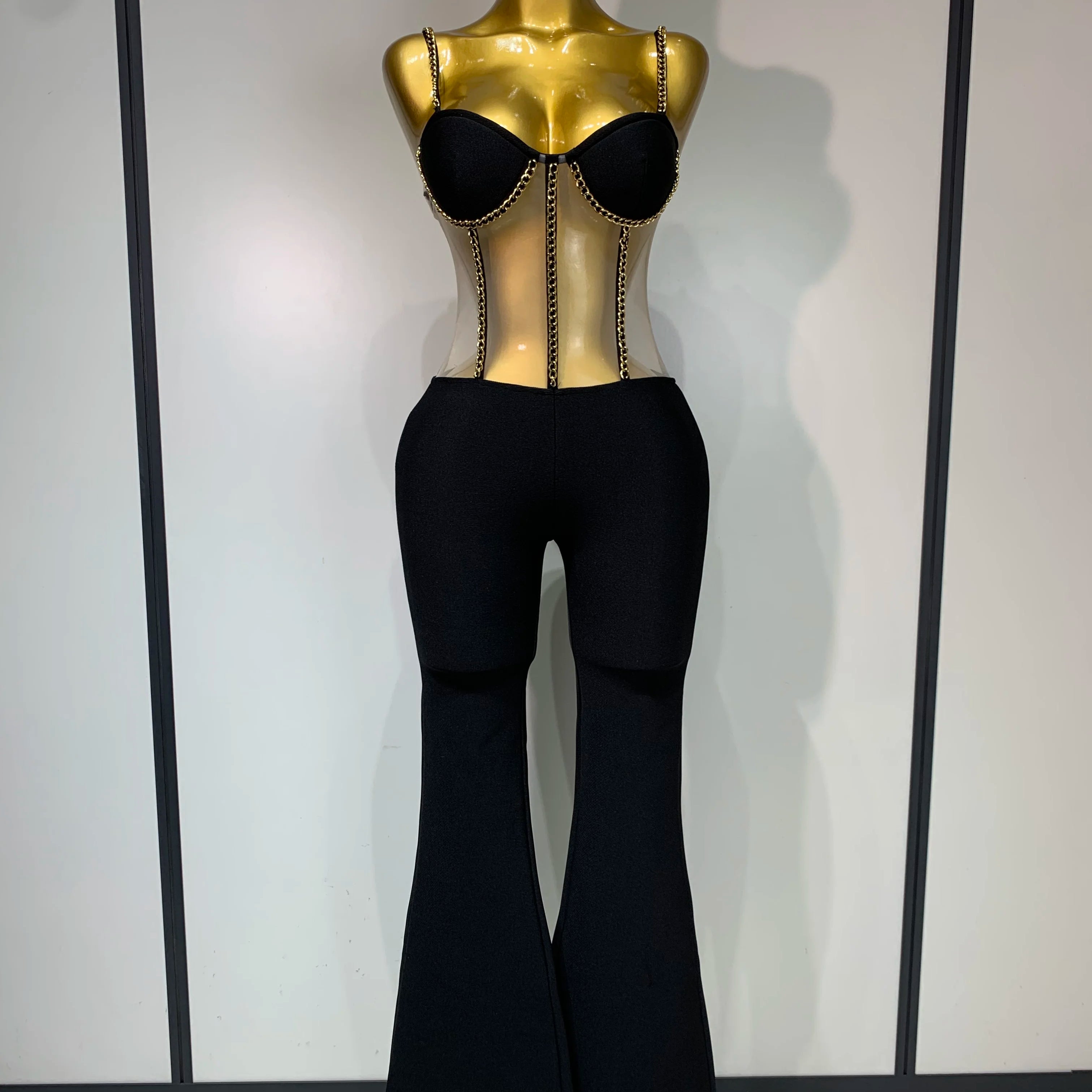 Women Luxury Sexy Sleeveless Mesh Chain Black Bodycon Bandage Jumpsuit 2025 Fashion Party Celebrity Designer High Street Rompers