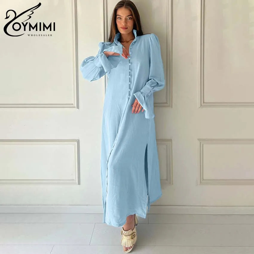 Elegant Blue Straight Womens Dresses Fashion Single Breasted Long Sleeve Dresses Casual Side Slit Mid-Calf Dress Female Blue