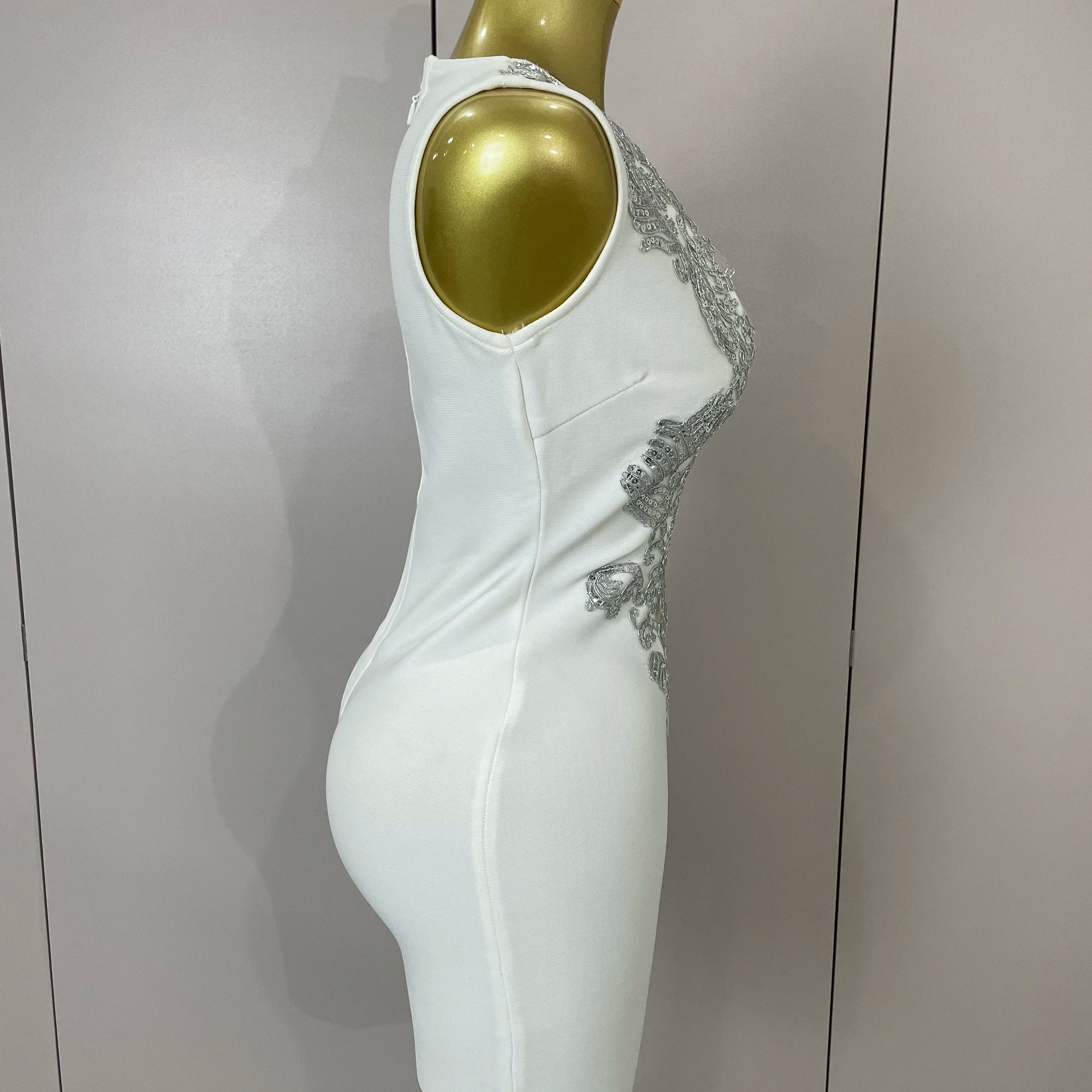 Sexy Silver Sequin White V Neck Cut Out Short Bandage Dress Women 2025 New Elegant Luxury Birthday Party Club Wedding Vestidos