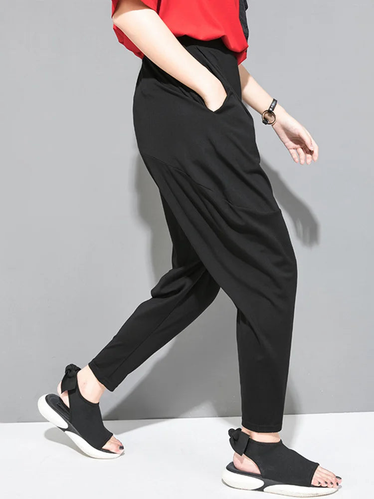 [EAM] High Elastic Waist Black Pockets Thin Harem Pants New Loose Fit Trousers Women Fashion Tide Spring Summer 1DF4728