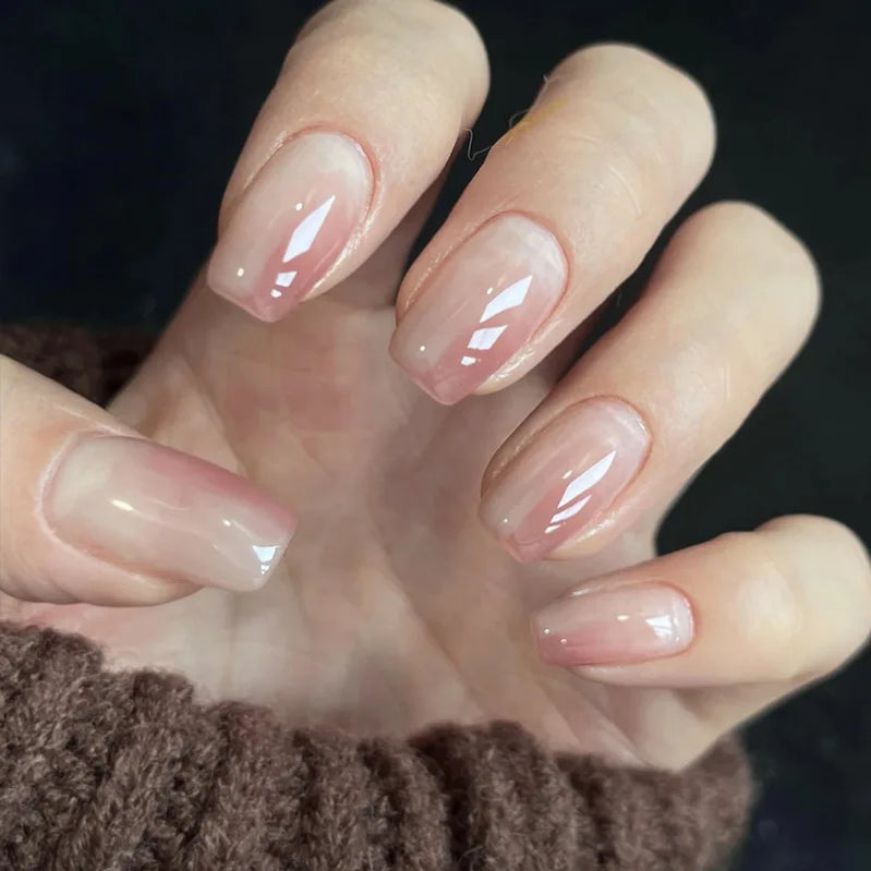 24Pcs Simple Short Gradient Nail Art with Jelly Glue Elegant Ballet Square Wearable False Nails Glitter Sweet Acrylic Nails Set