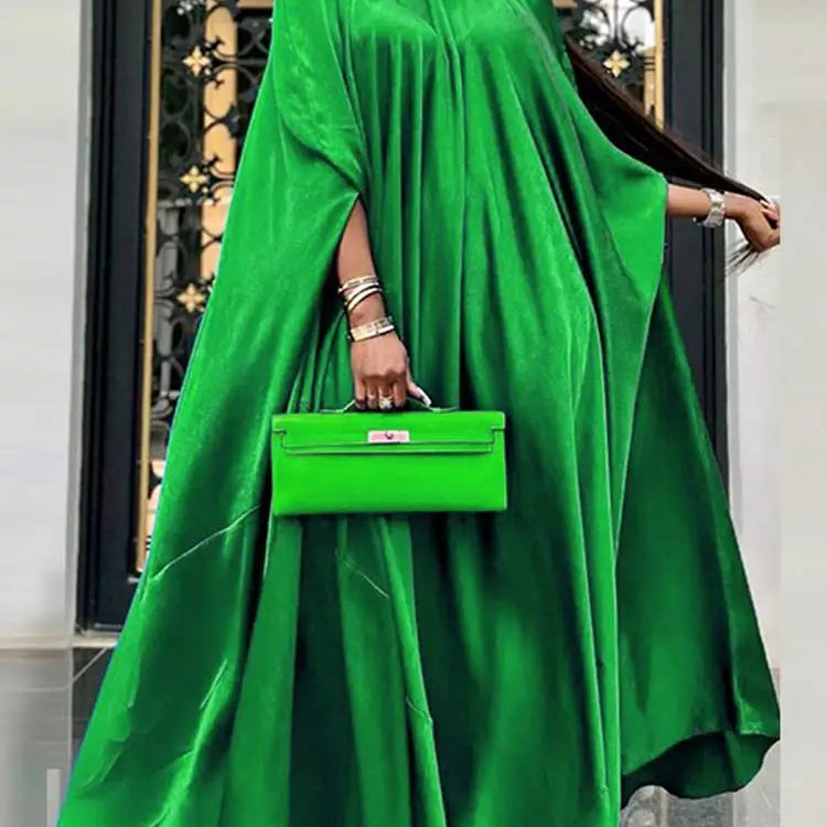 5XL Plus Size Women Dress Stand Collar Elegant Satin Dress Long Bat Sleeve Evening Pleated Maxi Sundress Casual Robe green