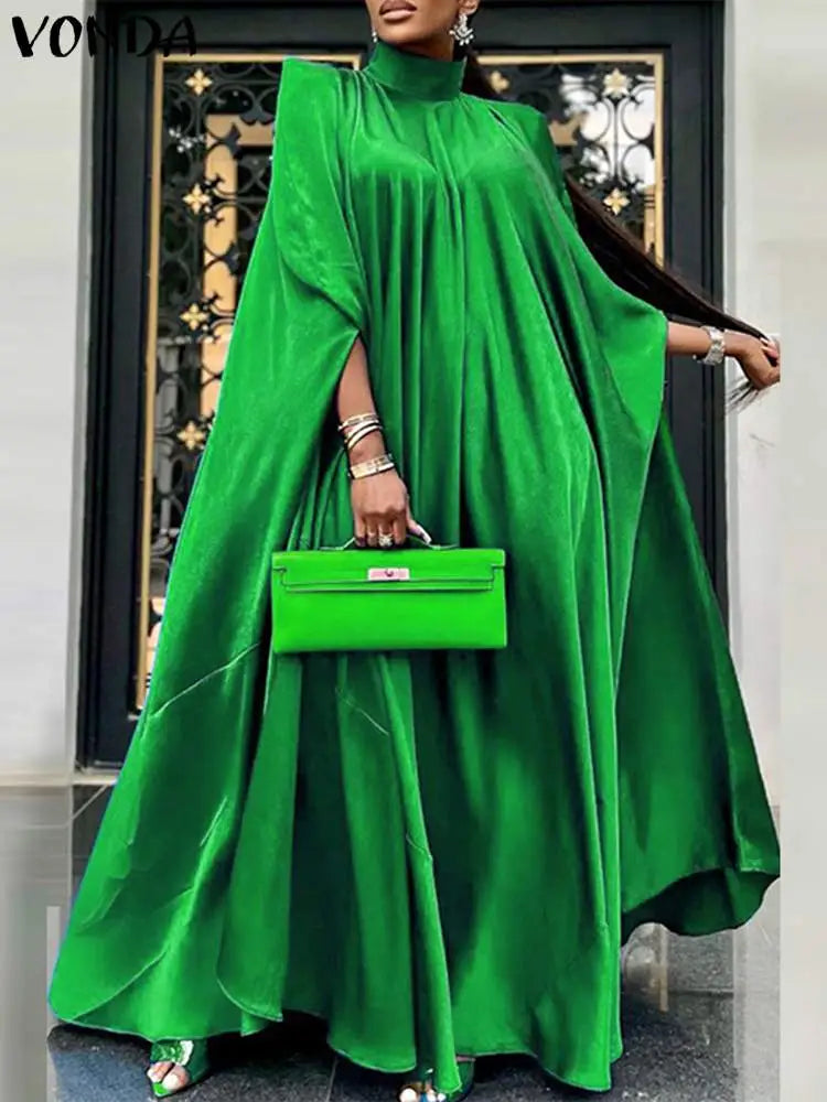 5XL Plus Size Women Dress Stand Collar Elegant Satin Dress Long Bat Sleeve Evening Pleated Maxi Sundress Casual Robe green