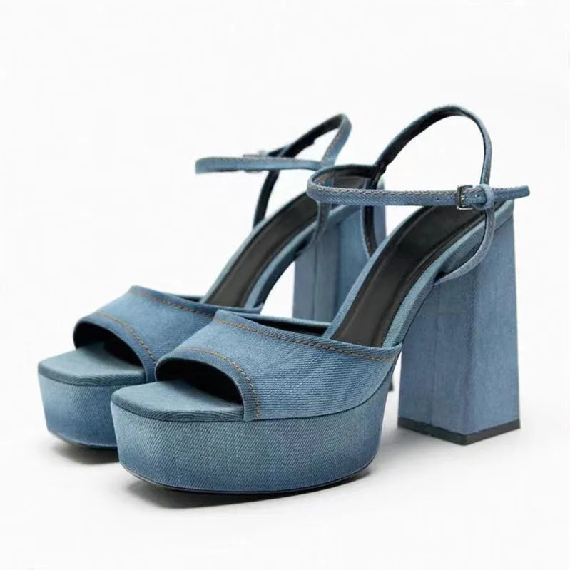 Verão 2024 nova plataforma denim mulher sandálias dedo do pé aberto salto quadrado elegante fivela cinta sapatos femininos zapatillas de mujer 