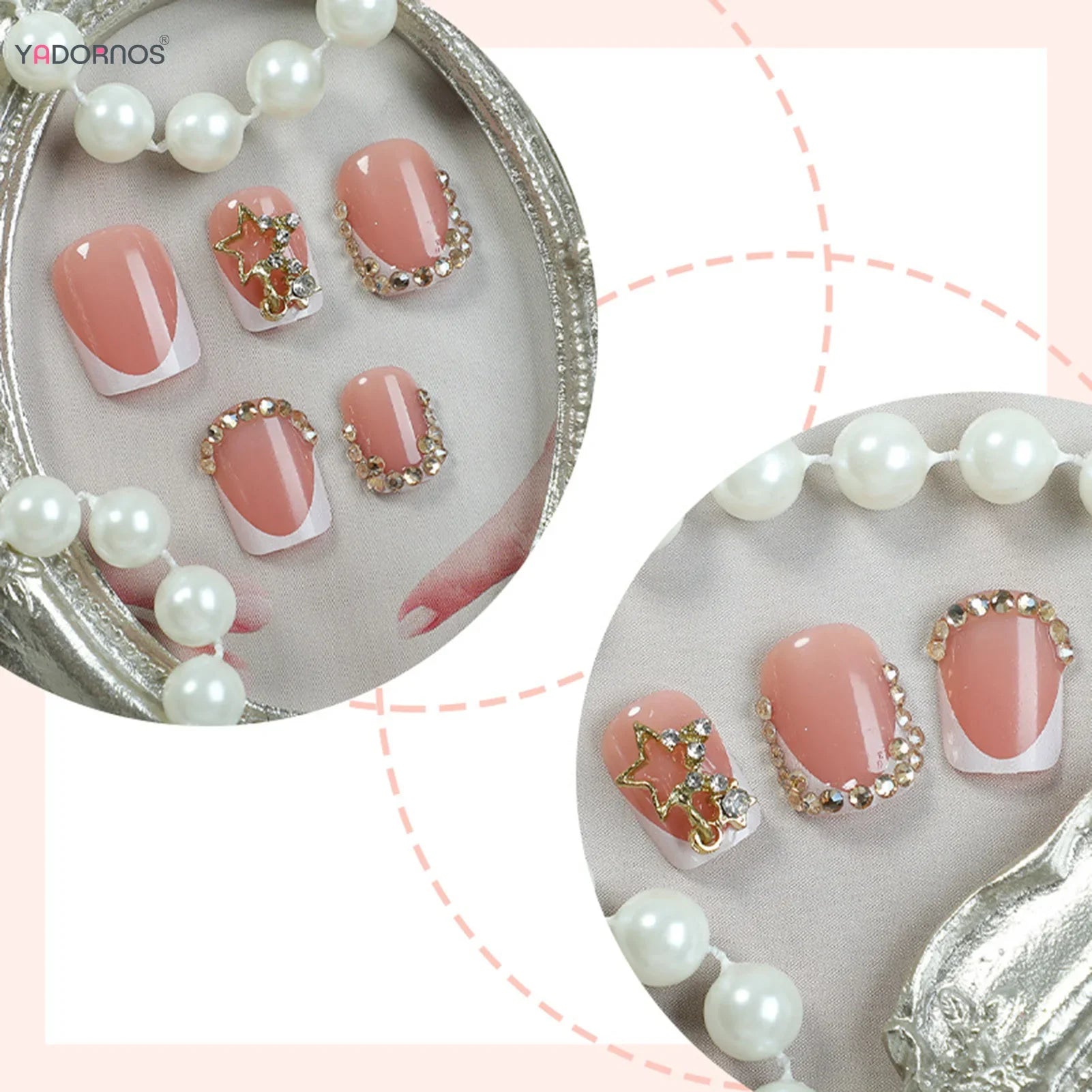 White French Fake Nails Short Square Head Press On Nails Shiny Rhinestone Alloy Star Designs Women Girls  Year False Nails