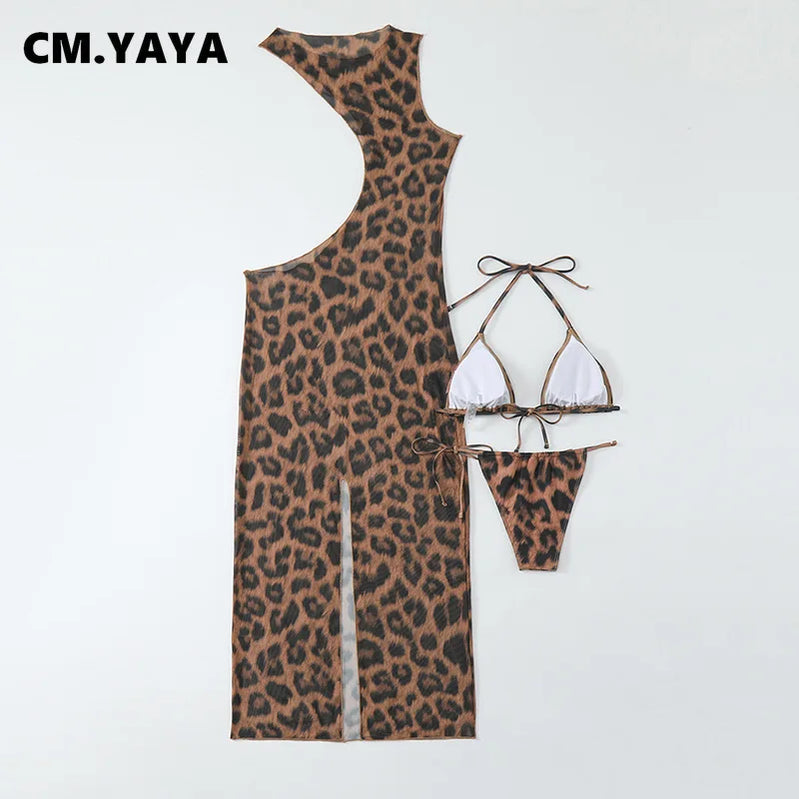 CM.YAYA Women Beach Bikini Set with Cutout Leopard Printed Sexy Long Bodycon Swimsuit Three 2 Piece Set Swimwear Bathing Suit
