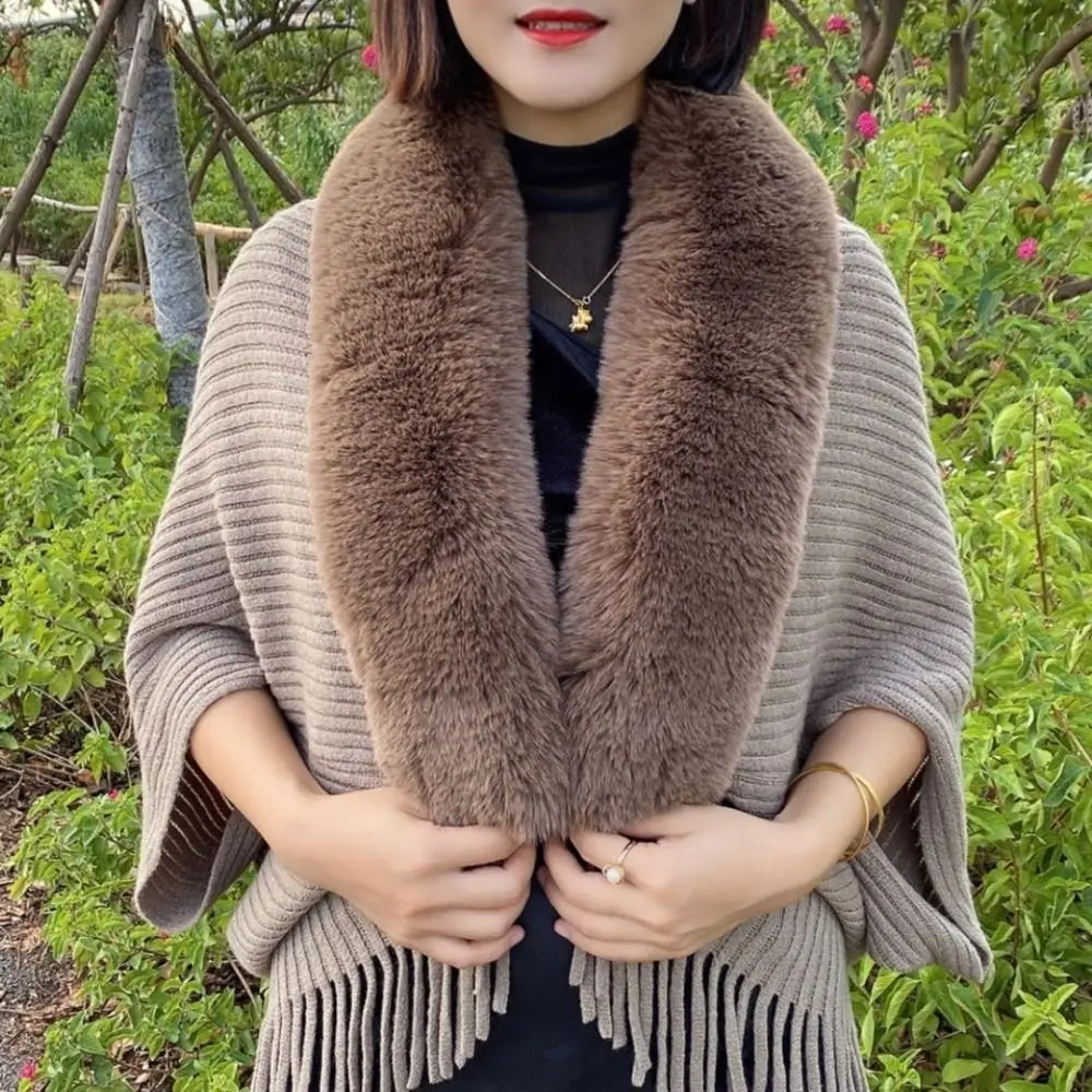 Knitting Thick Women's Loose Shawl with Faux Fur Collar for Evening Dresses Wedding Knitting Shawl Plush Wraps Cardigan Cape khaki