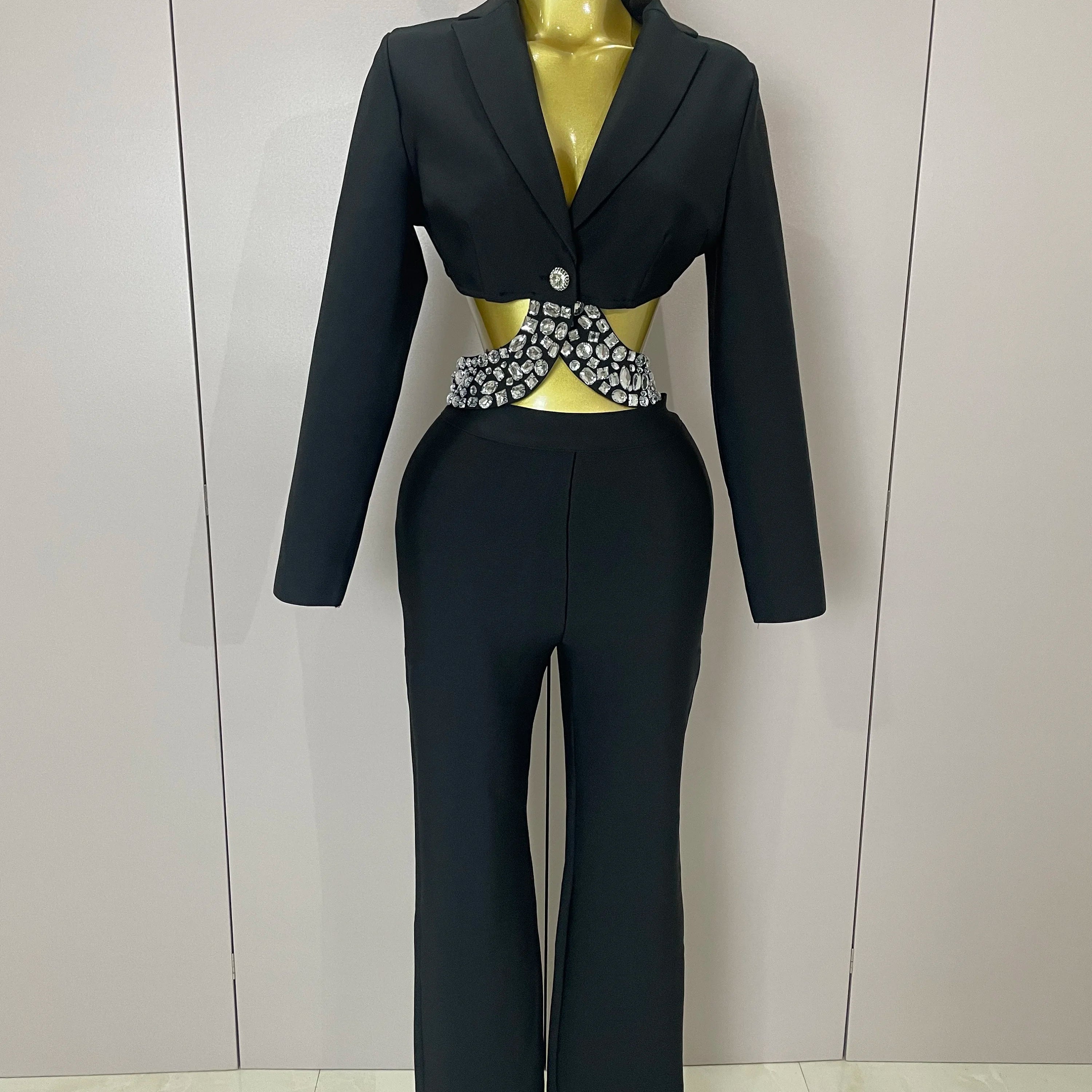 Sexy Cut Out Long Sleeve Beading Bodycon Two Pieces Pants Bandage Set Women Celebrity Designer Fashion Women Luxury Birthday Set