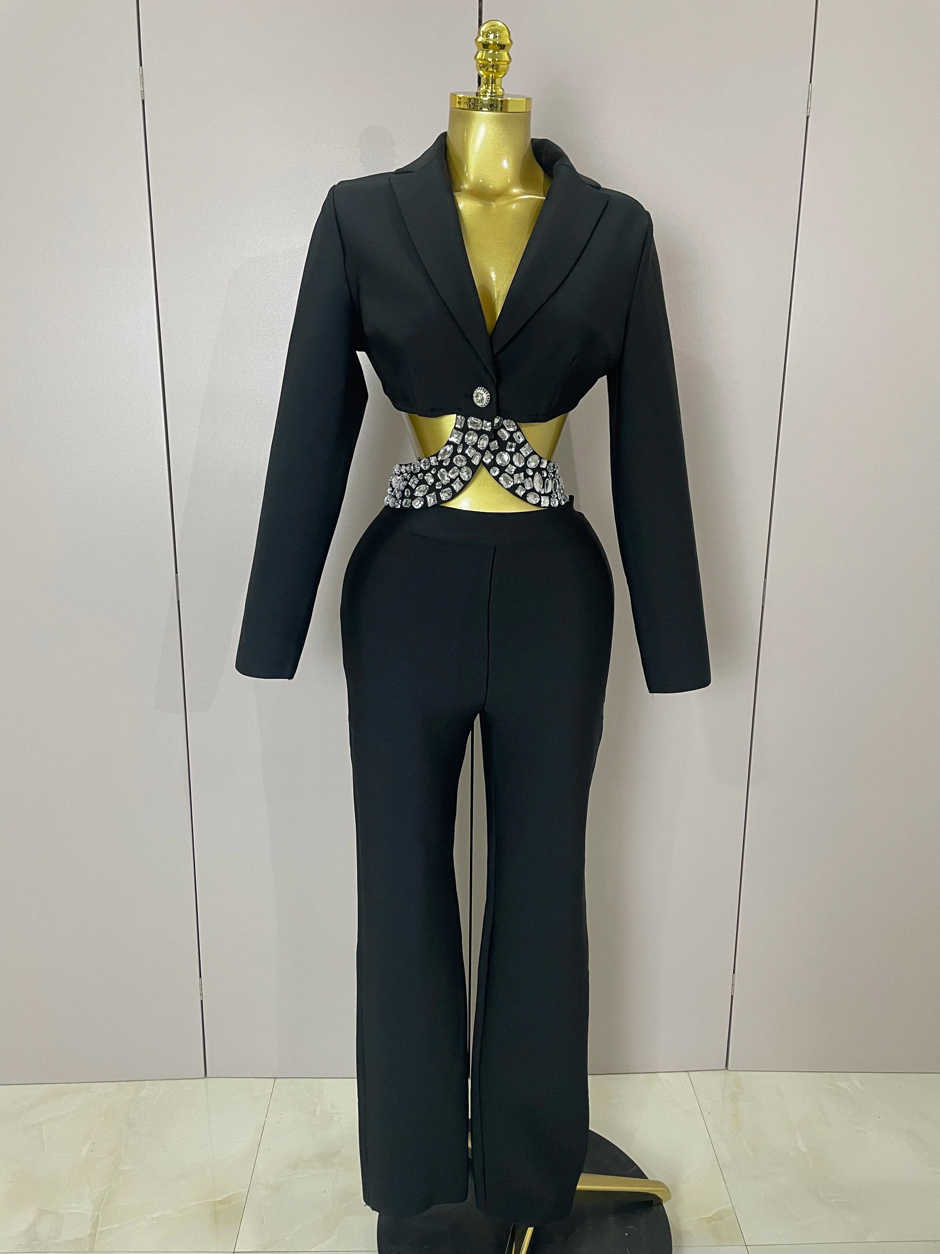 Sexy Cut Out Long Sleeve Beading Bodycon Two Pieces Pants Bandage Set Women Celebrity Designer Fashion Women Luxury Birthday Set