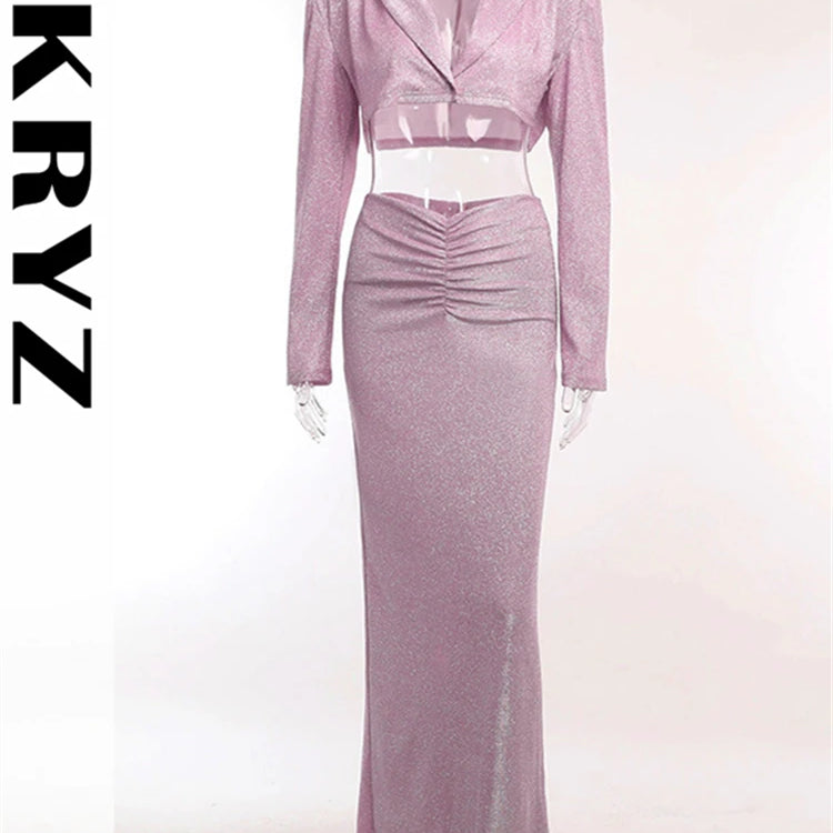 Ladies New Bling Glitter Slim Dress Set 2 Pieces Long Sleeve Pad Crop Top And Maxi Skirt Evening Party Night Club Women Outfits