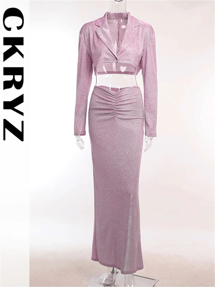 Ladies New Bling Glitter Slim Dress Set 2 Pieces Long Sleeve Pad Crop Top And Maxi Skirt Evening Party Night Club Women Outfits