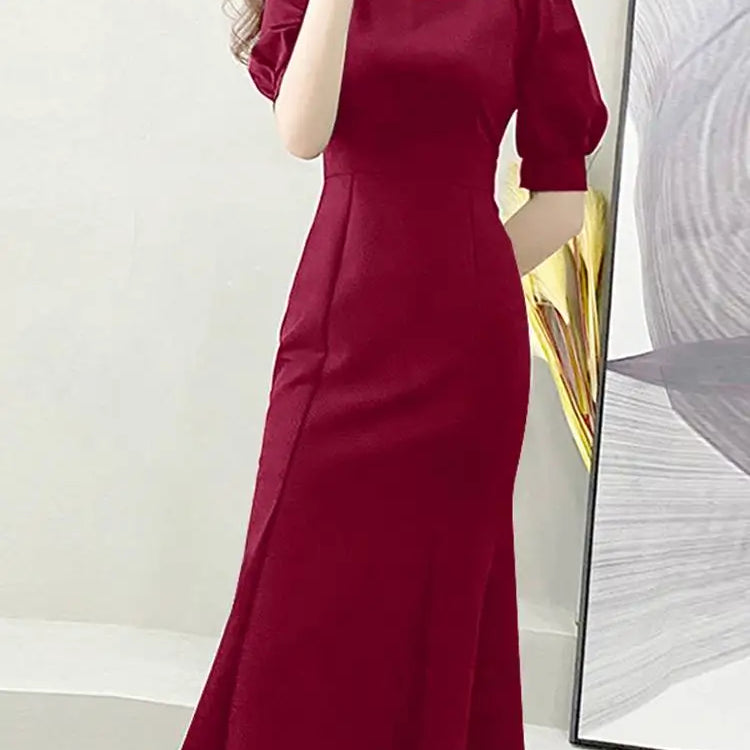 Elegant Party Midi Sundress Sexy Square Collar Holiday Short Puff Sleeve Mermaid Dresses Women Fashion Waisted Long Robe