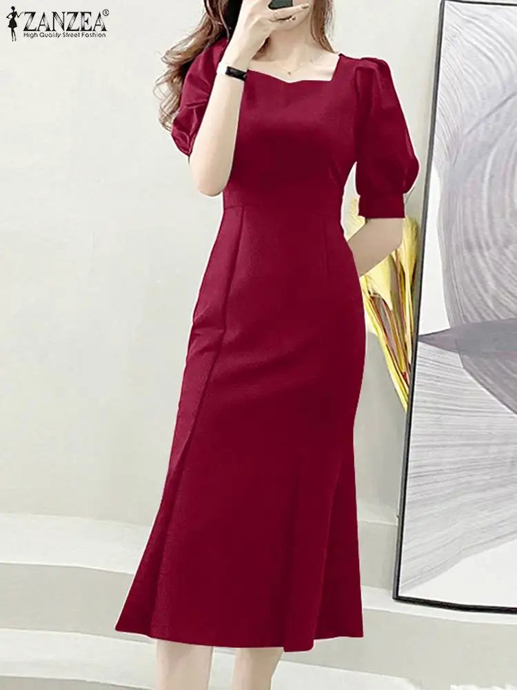 Elegant Party Midi Sundress Sexy Square Collar Holiday Short Puff Sleeve Mermaid Dresses Women Fashion Waisted Long Robe