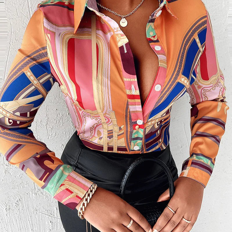 Women's shirt, women's top, spring and autumn long sleeved women's button digital printed shirt Orange