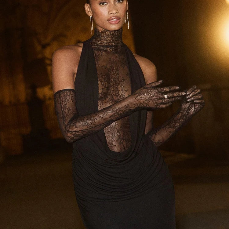 VC Glamorous Black Halter Dress with Lace Details Gloves for Fashion Events Party Evening Gown