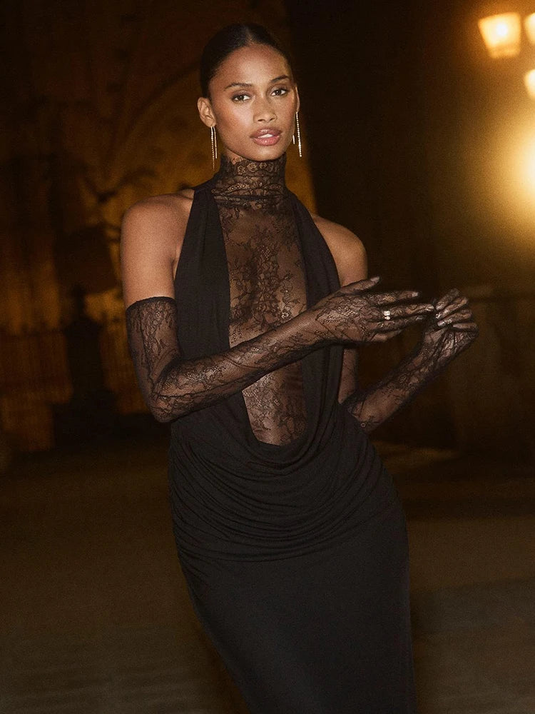 VC Glamorous Black Halter Dress with Lace Details Gloves for Fashion Events Party Evening Gown