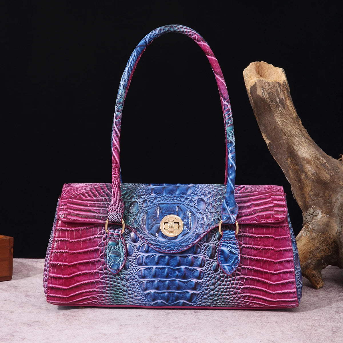 Multicolor Crocodile Pattern Fashion Handheld Stick Bag Large Capacity One Shoulder Underarm Bag Women's Luxury Handbag PurpleBlue