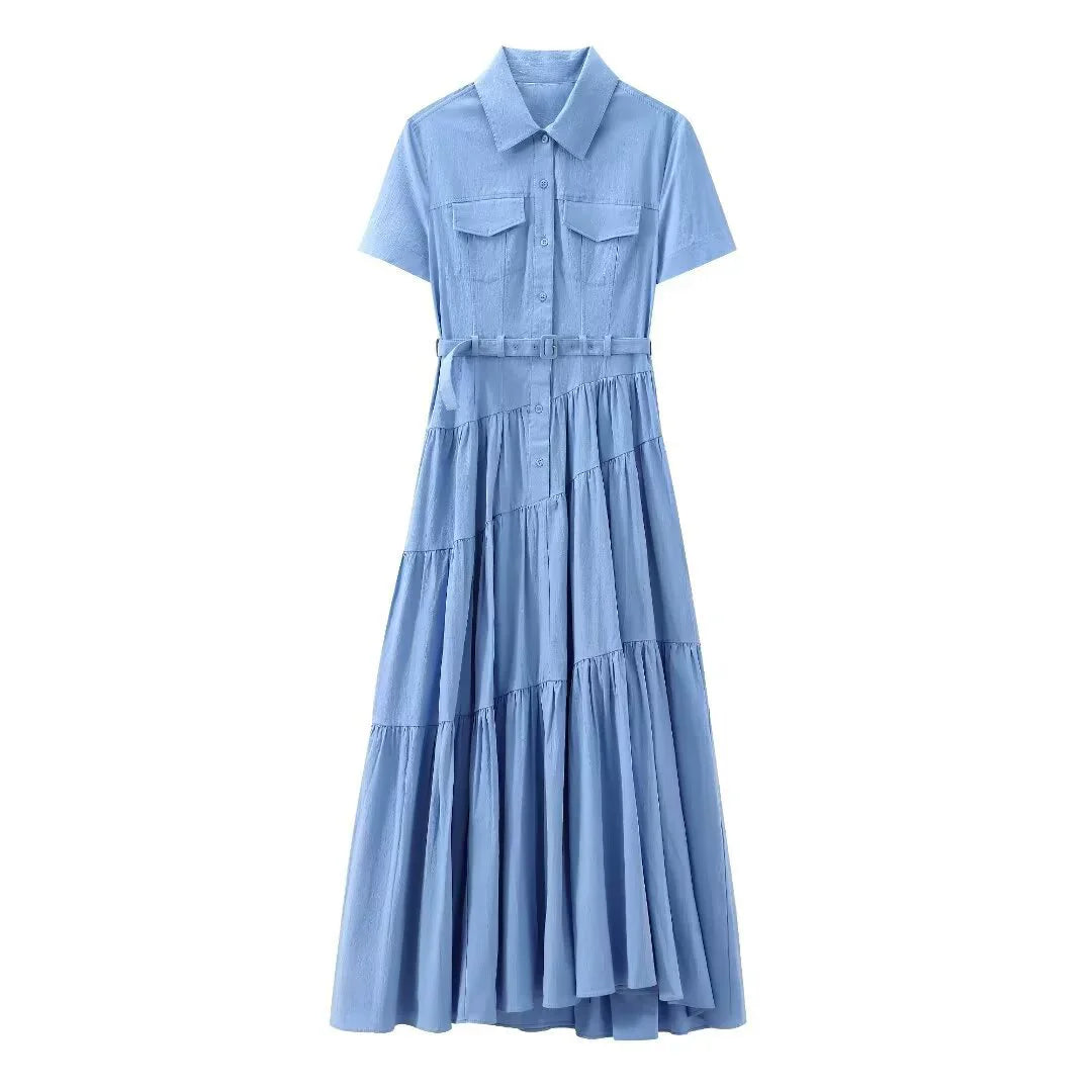 CM.YAYA Women Short Sleeve Single Breasted Belt Long Maxi Dress 2025 Street Birthday Evening Sexy Party Shirt Dresses Vestidos