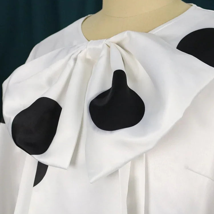 Women White Dress Polka Dot Print Big Bow Lantern Sleeve Spring Elegant Fashion Birthday Party Evening Plus Size Gown Robes 4XL