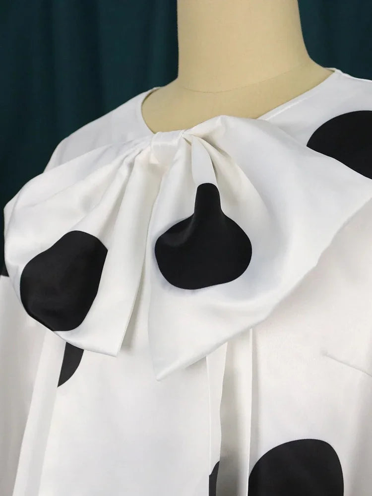 Women White Dress Polka Dot Print Big Bow Lantern Sleeve Spring Elegant Fashion Birthday Party Evening Plus Size Gown Robes 4XL