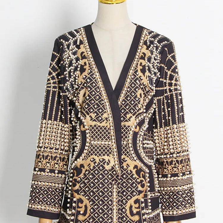 Stylish Designer Jacket Women's V-neck Long Sleeve Luxurious Metallic Beaded Long Blazer