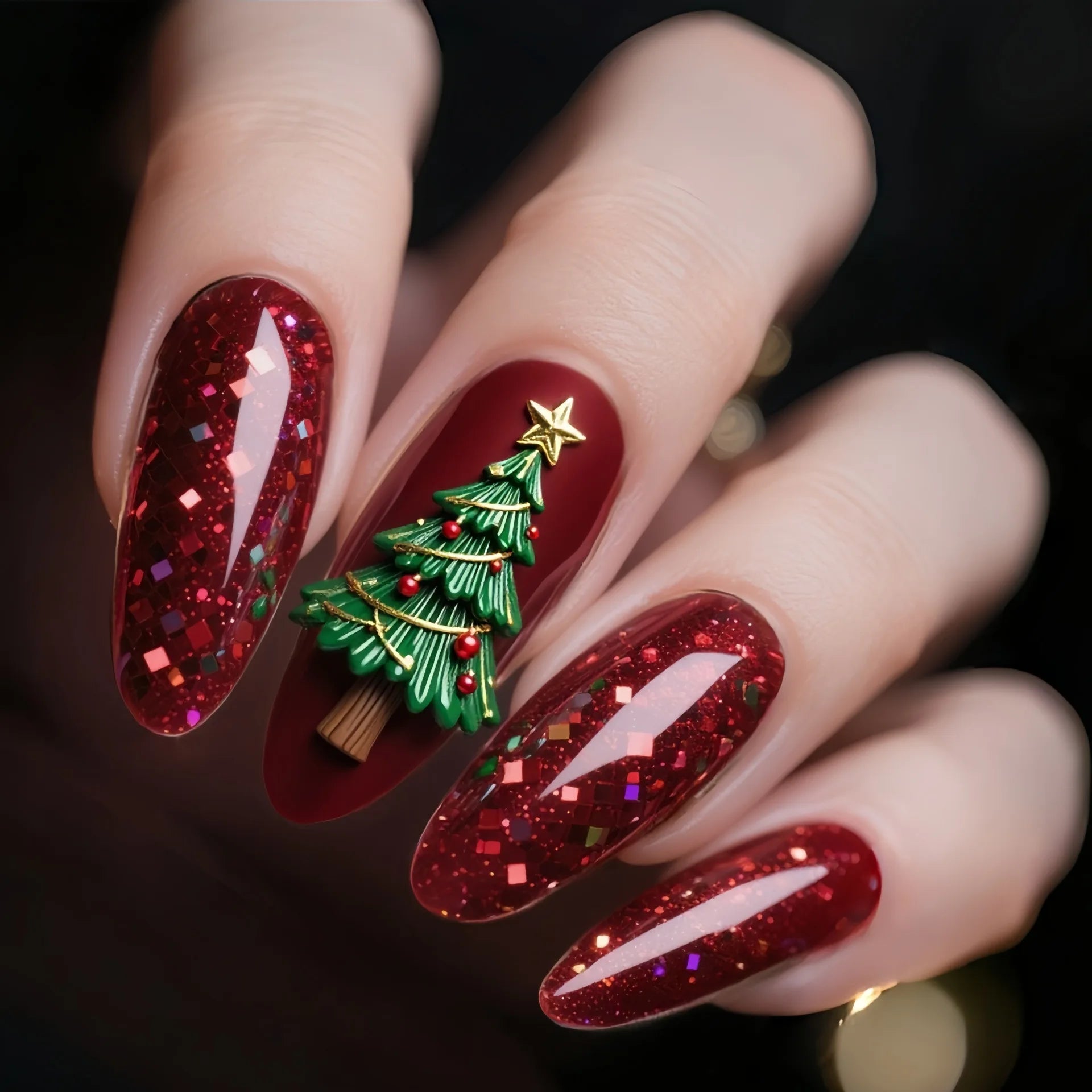 24pcs Round Head Almond False Nails Christmas Glitter Red Full Cover Nail Tips Fashion Snowflake Design Long Press on Fake Nails