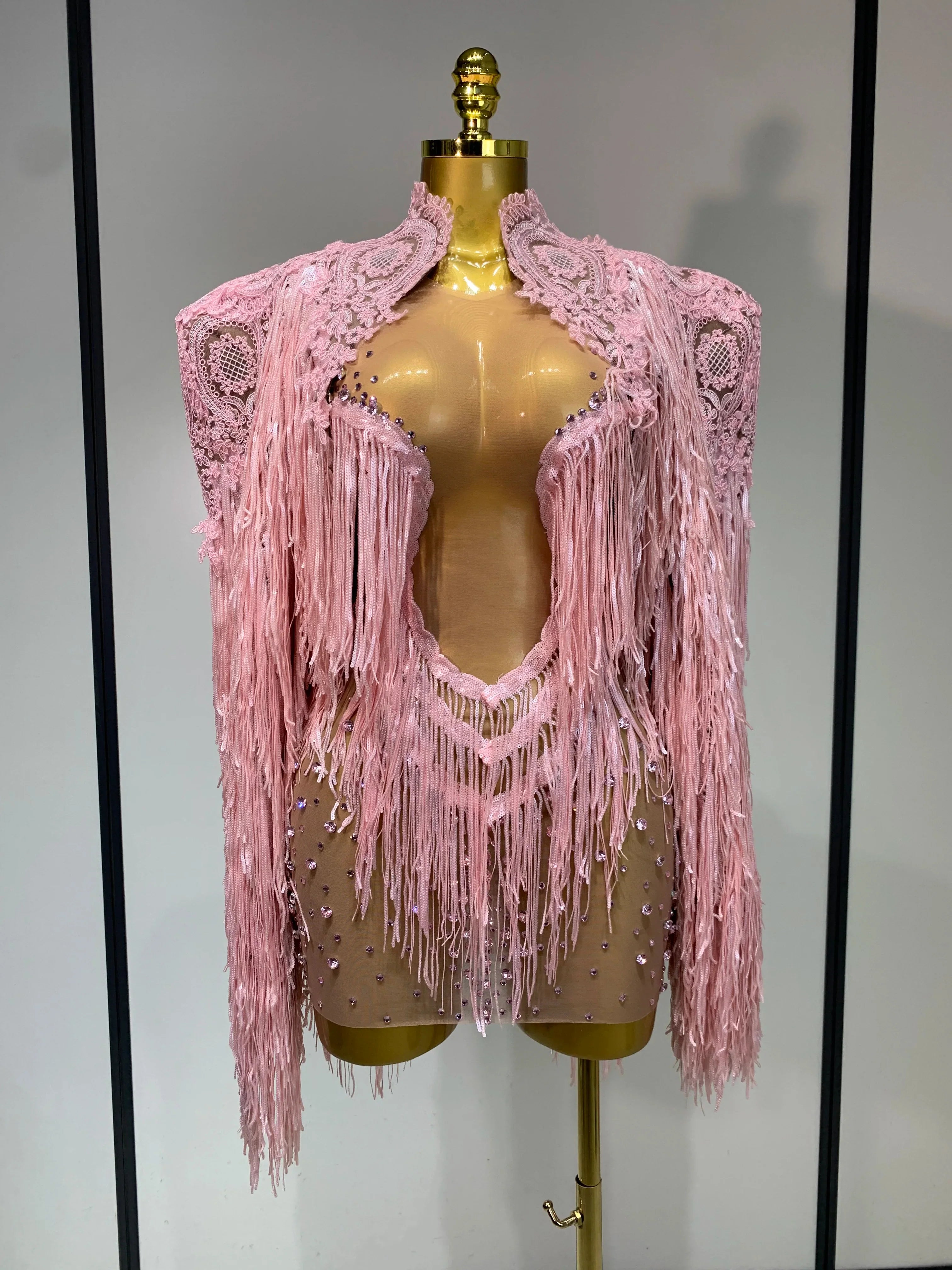 Luxury Rhinestones Tassels Mini Dress Suit Women Sexy See Through Mesh Birthday Party Club Dresses Performance Stage Outfit