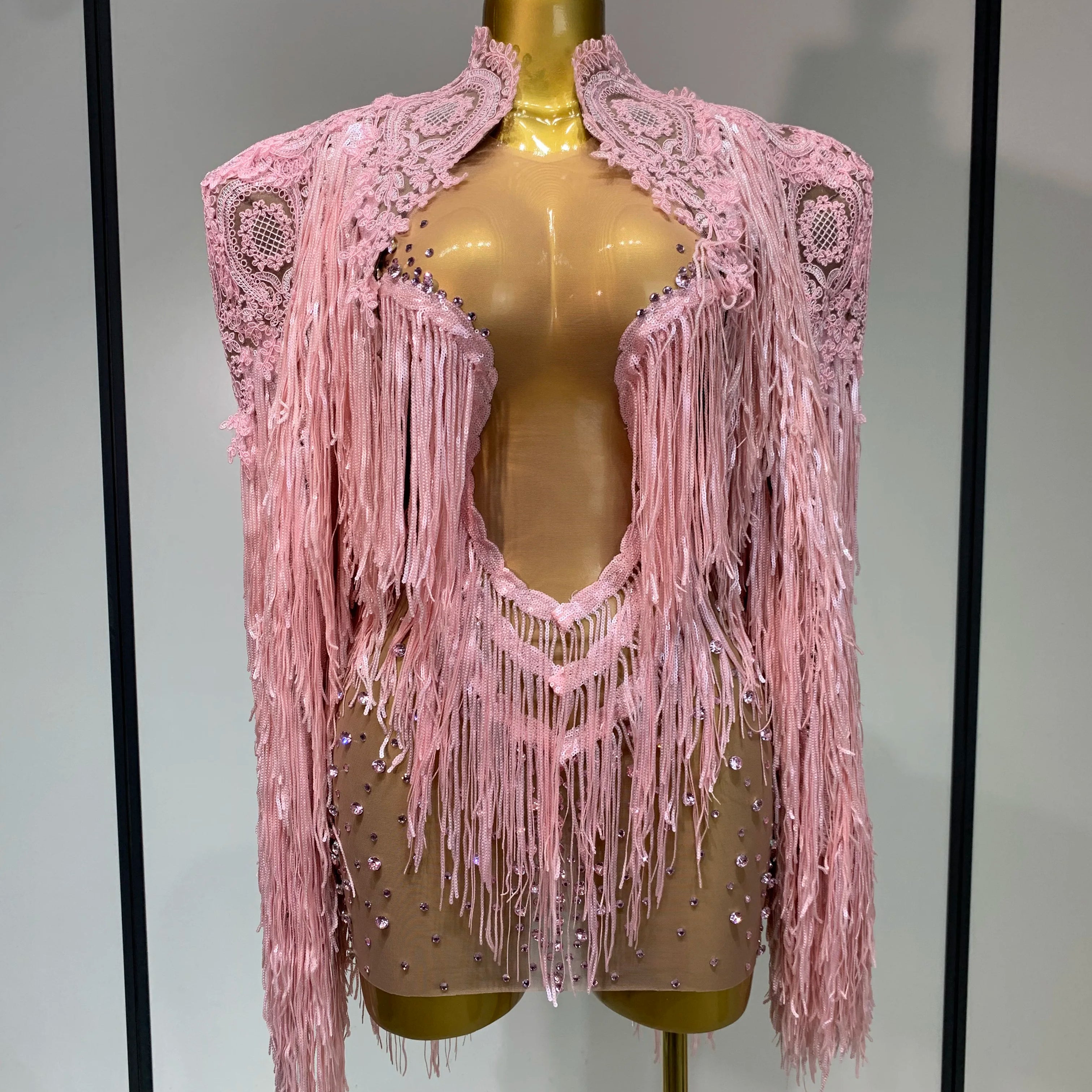 Vestido justo transparente sexy feminino de manga comprida, conjunto de duas peças com franjas de lantejoulas luxuosas, fantasia de celebridade para festa à noite