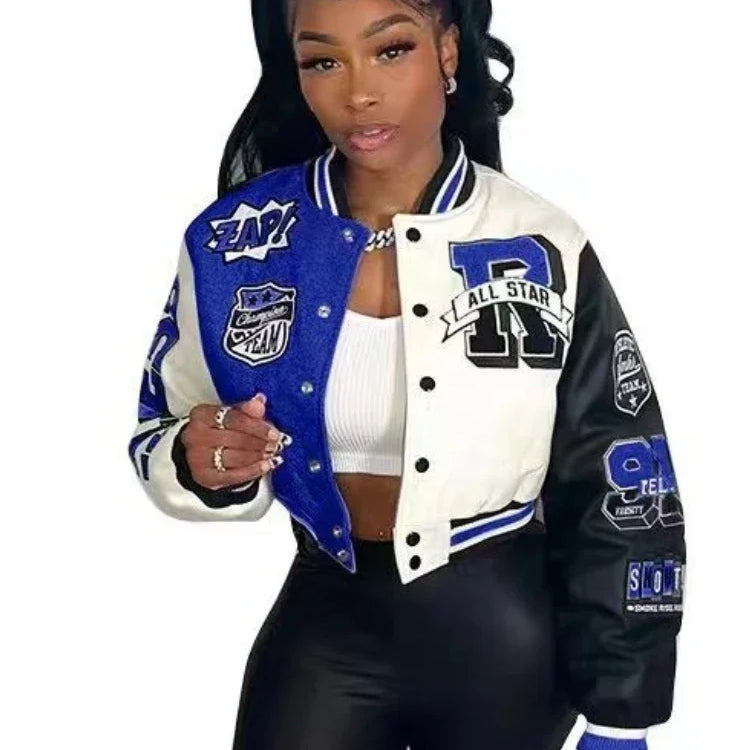 Women Overcoat Casual Letter Print Patchwork Baseball Uniform Jacket Round Neck Button Fall Coat Autumn Winter Short Jacket Blue