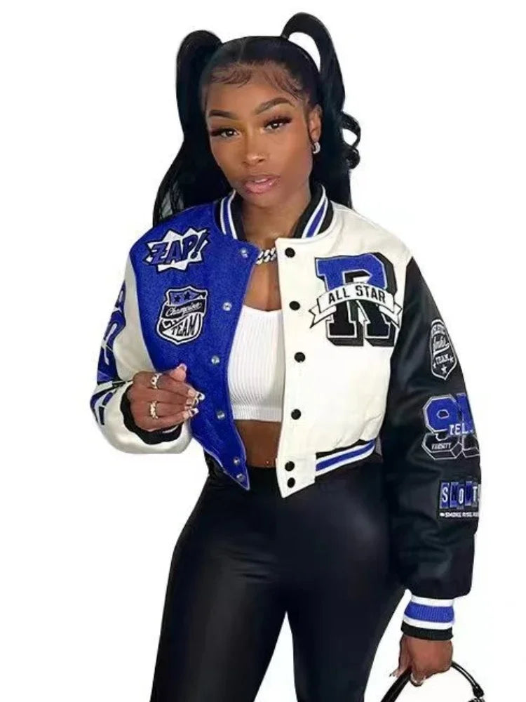 Women Overcoat Casual Letter Print Patchwork Baseball Uniform Jacket Round Neck Button Fall Coat Autumn Winter Short Jacket Blue