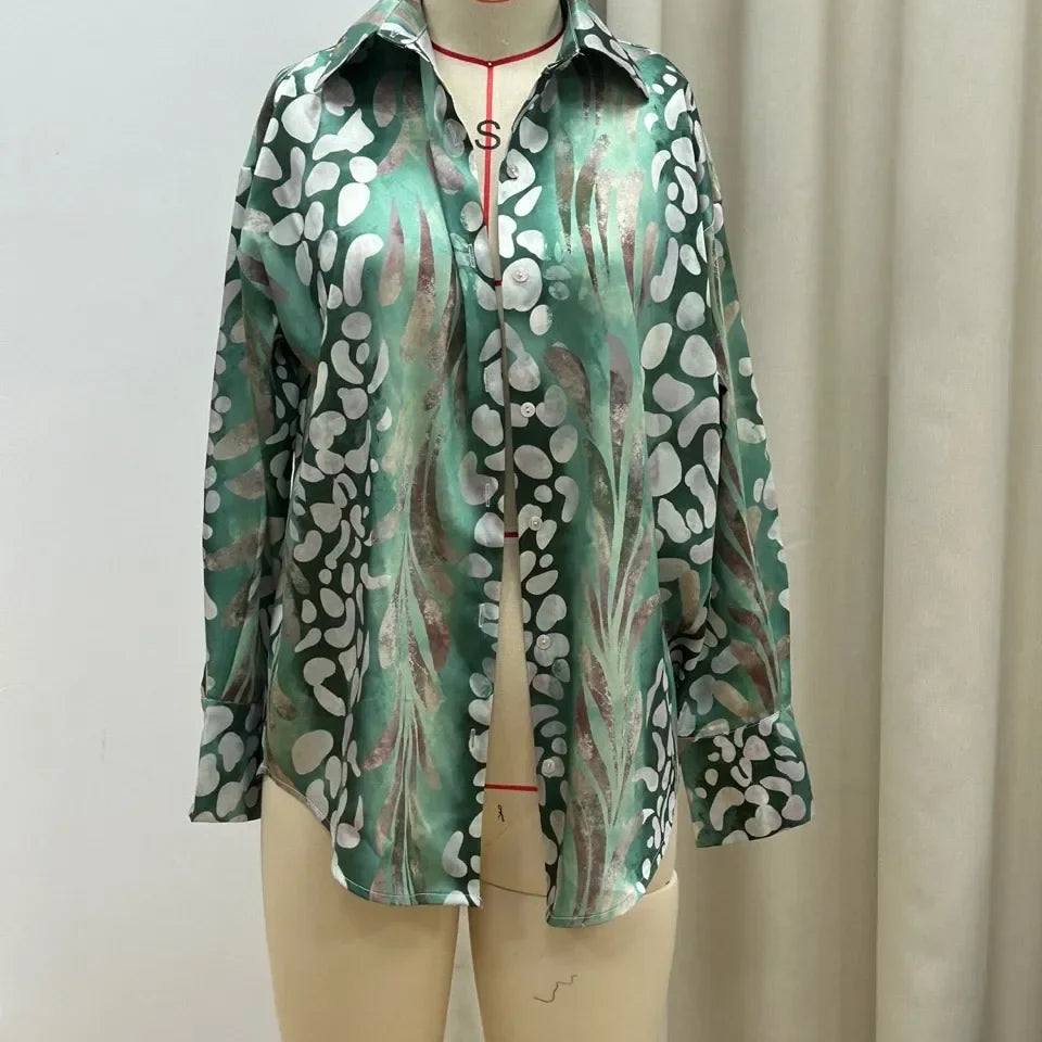 Elegant Printed Shirts Skirts Sets For Women Fashion Lapel Sleeves High Waist 2-piece Suits Summer Lady High Streetwears green shirt