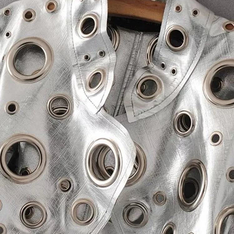 Runway Cut Out Short Faux Leather Jacket Golden Rivet Cool Stylish Designer Clothes Women European American Fashion