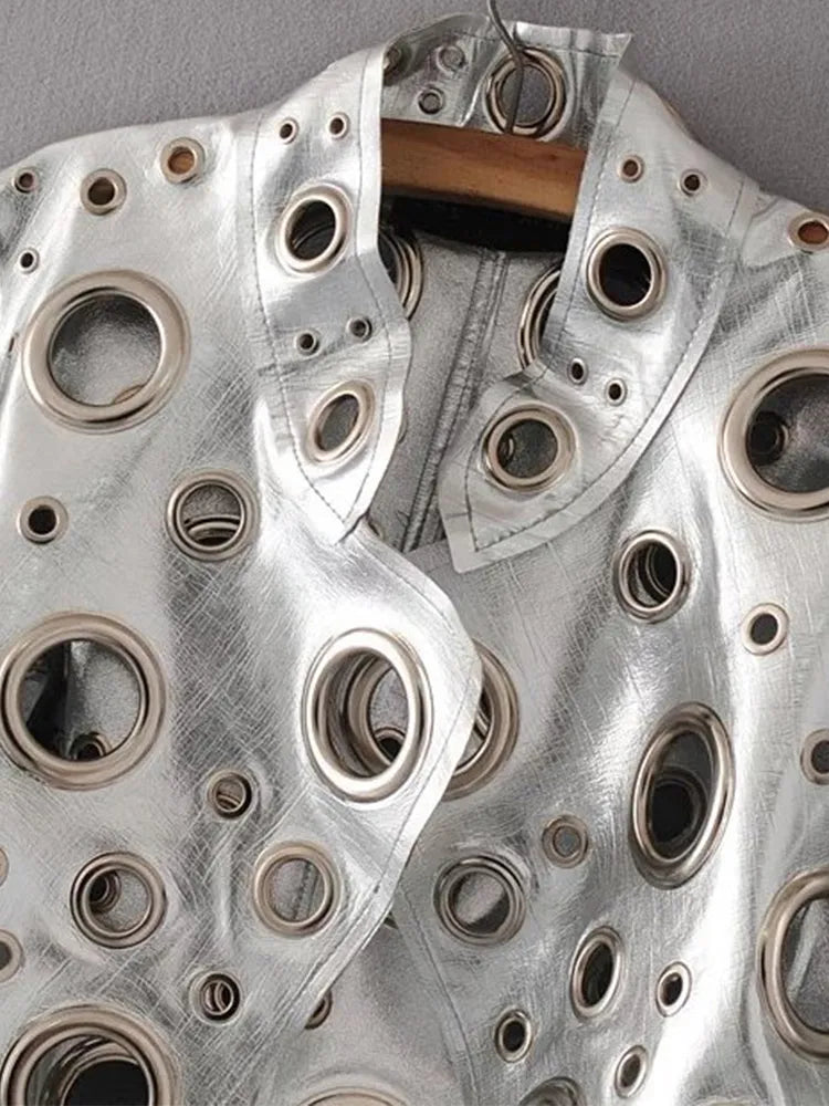 Runway Cut Out Short Faux Leather Jacket Golden Rivet Cool Stylish Designer Clothes Women European American Fashion