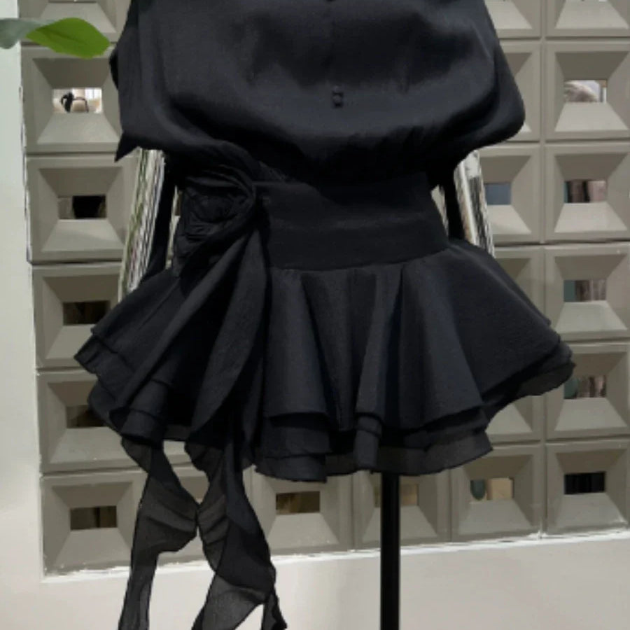 Solid Loose Spliced Ruffles Mini Dresses for Women Slash Neck Sleeveless Patchwork 3D Flower Dress Female Clothing