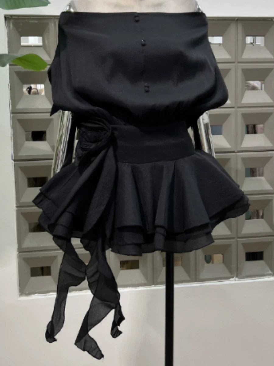 Solid Loose Spliced Ruffles Mini Dresses for Women Slash Neck Sleeveless Patchwork 3D Flower Dress Female Clothing