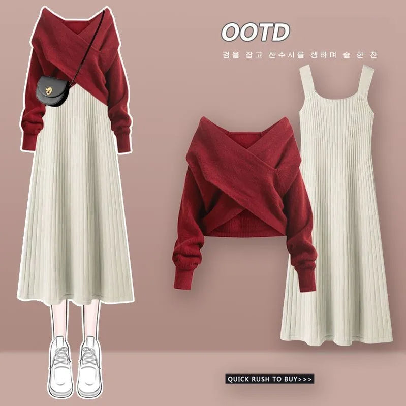 Women's Autumn Winter Knit Dress Two Piece Fashion Cross Sweater+Suspended Skirt Matching Set Korean Elegant Chic Suit Set 04