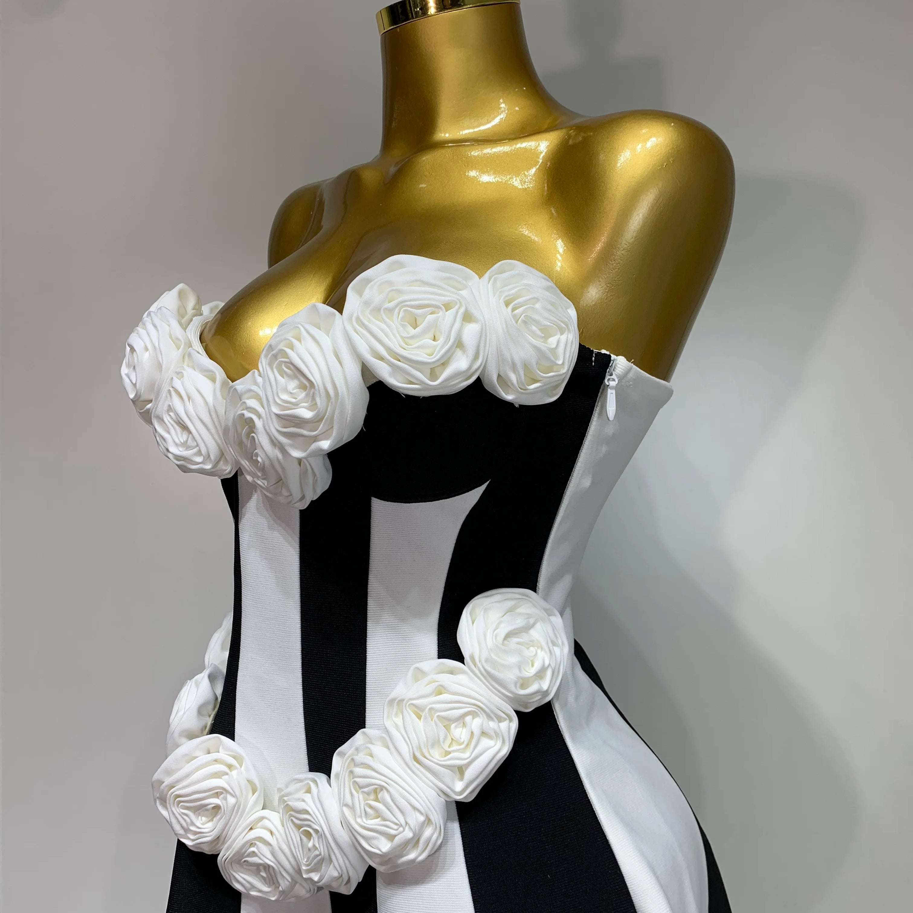 Women Flower Decoration Strapless Black White Stripe Bandage Short Dress Cocktail Party 2025 Elegant Evening Club Party Dress