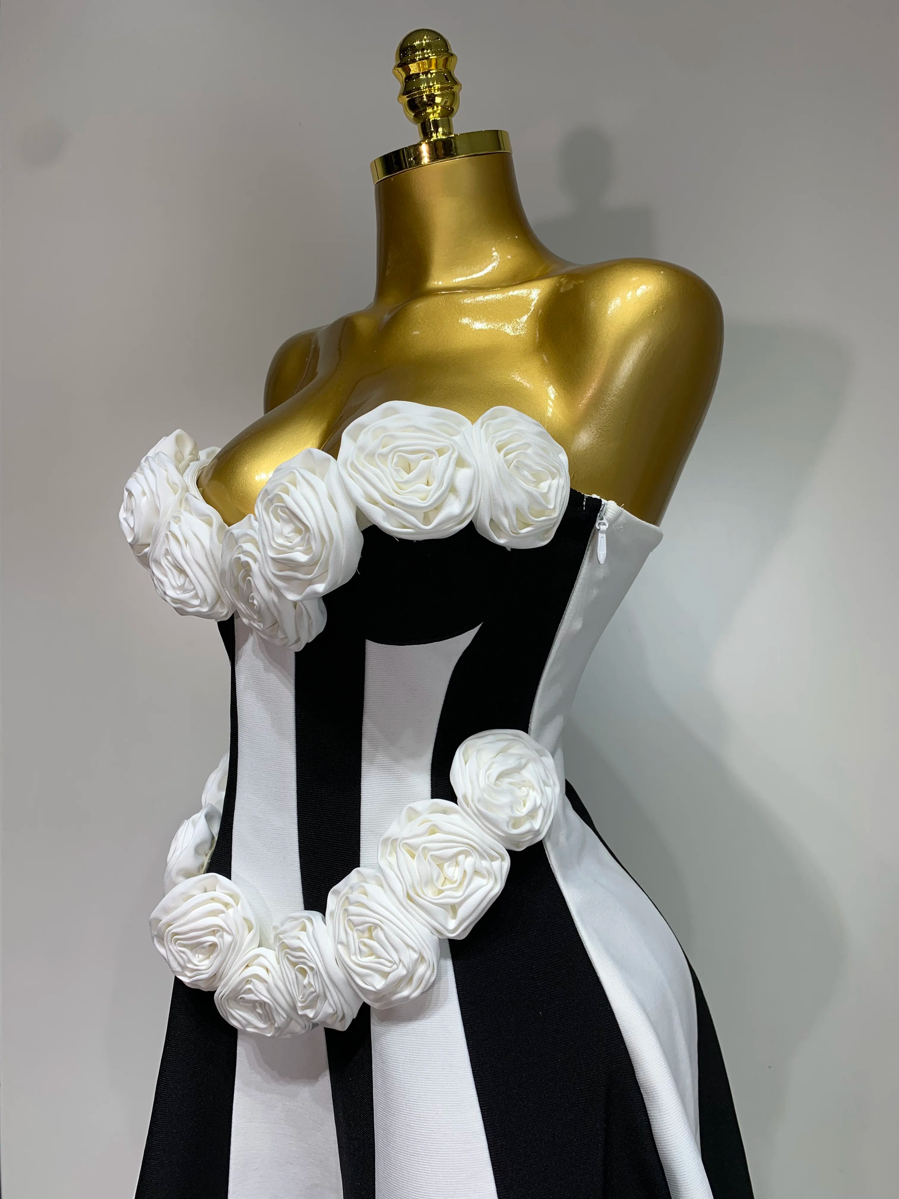 Women Flower Decoration Strapless Black White Stripe Bandage Short Dress Cocktail Party 2025 Elegant Evening Club Party Dress