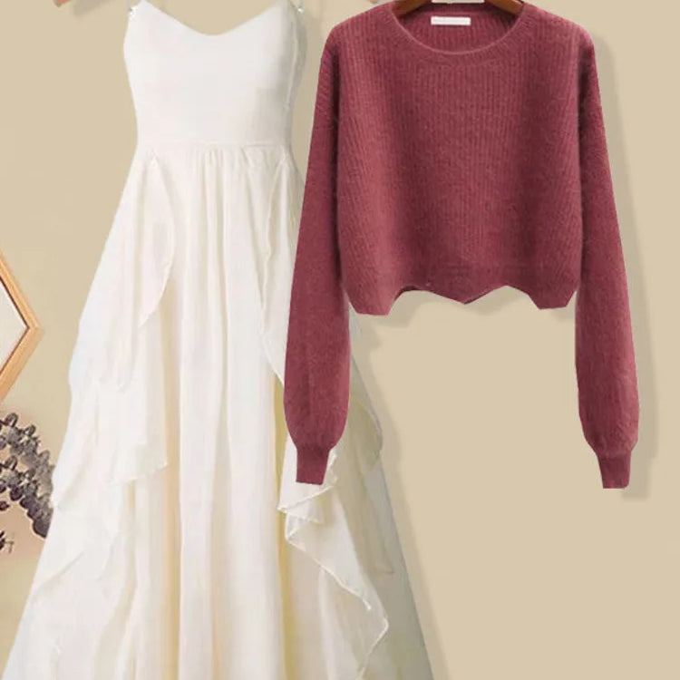 Women Spring Two Pieces Sets Korean Long Sleeve Knitted Sweater Cardigan And Ruffles Patchwork Mesh Long Dress Suit