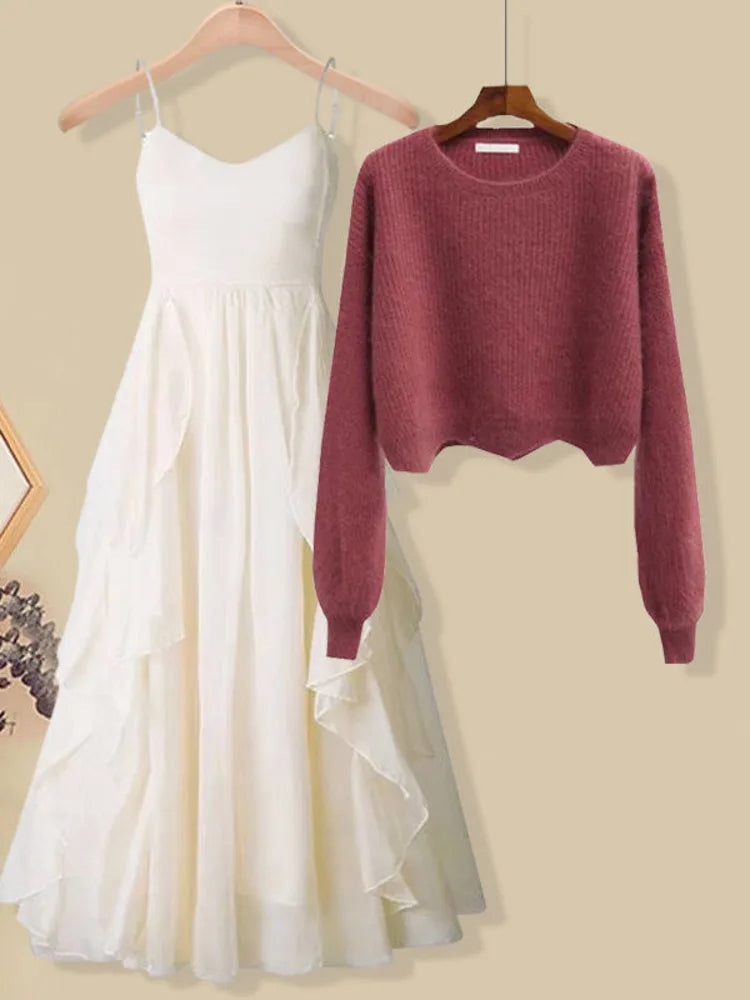 Women Spring Two Pieces Sets Korean Long Sleeve Knitted Sweater Cardigan And Ruffles Patchwork Mesh Long Dress Suit