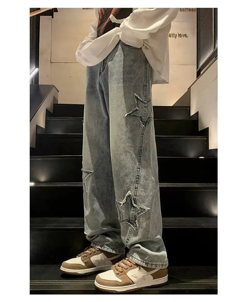 Y2K Vintage Men Korean Blue Streetwear Oversize Star Aesthetic Straight Trousers Wide Leg Jeans Grunge Denim Pants Women Clothes Blue