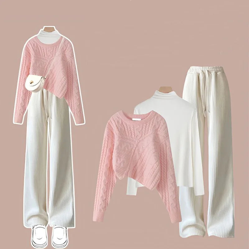 Autumn and Winter Set Women's 2023 New Korean Knitted Sweater Women's Underlay Casual Pants Three Piece Set Winter Clothes Women Three piece set 1