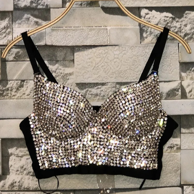 Rhinestone Bead Bustier Corset Pearls Diamond Push Up Night Club Bralette Women's New Fashion Bra Cropped Tops Plus Size