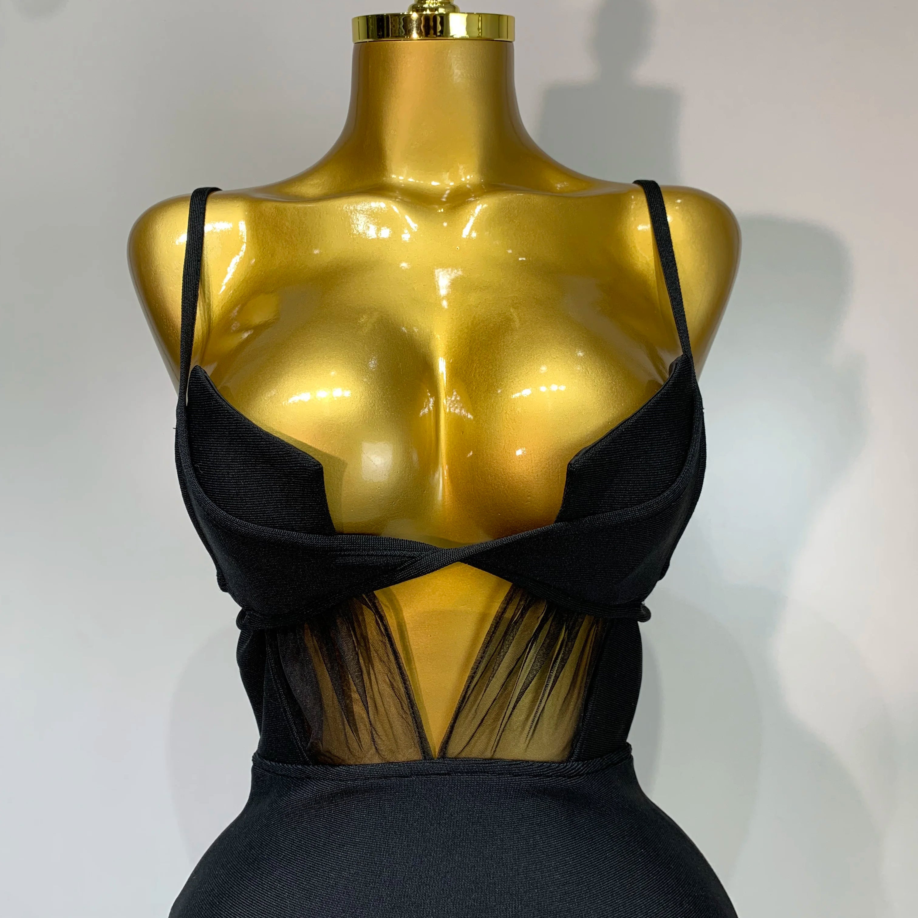 Fashion Black Spaghetti Strap Maxi Long Bandage Dress Mesh Cut Out Elegant Celebirty Bodycon Evening Club Party Birthday Dresses