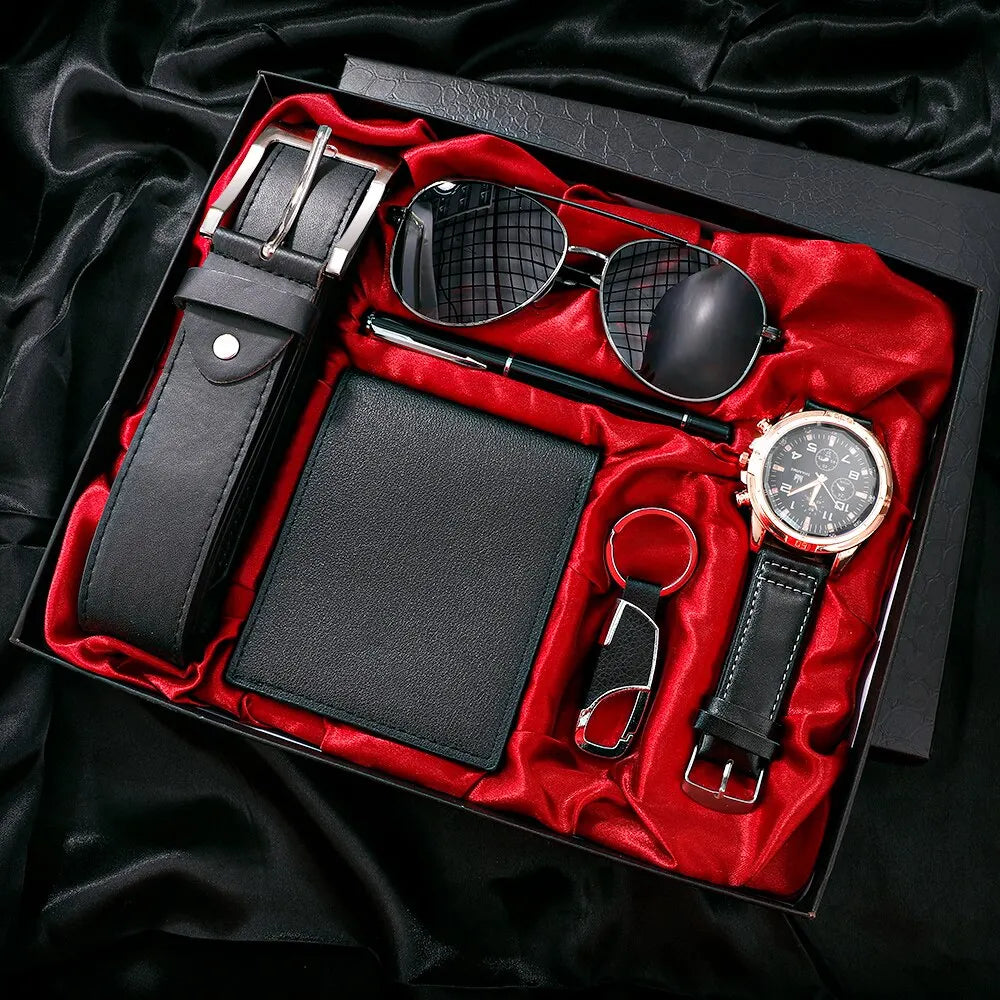 Men Gift Watch Business Luxury Company Mens Set 6 in 1 Watch Glasses Pen Keychain Belt Purse Welcome Holiday Birthday black