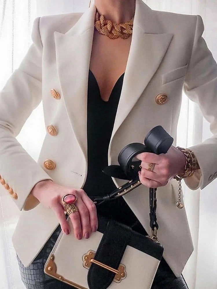 Chic Blazer Women Autumn New Korean Fashion Notched Long Sleeve Double Breasted Suits Jackets Solid Slim Casual Female Coat