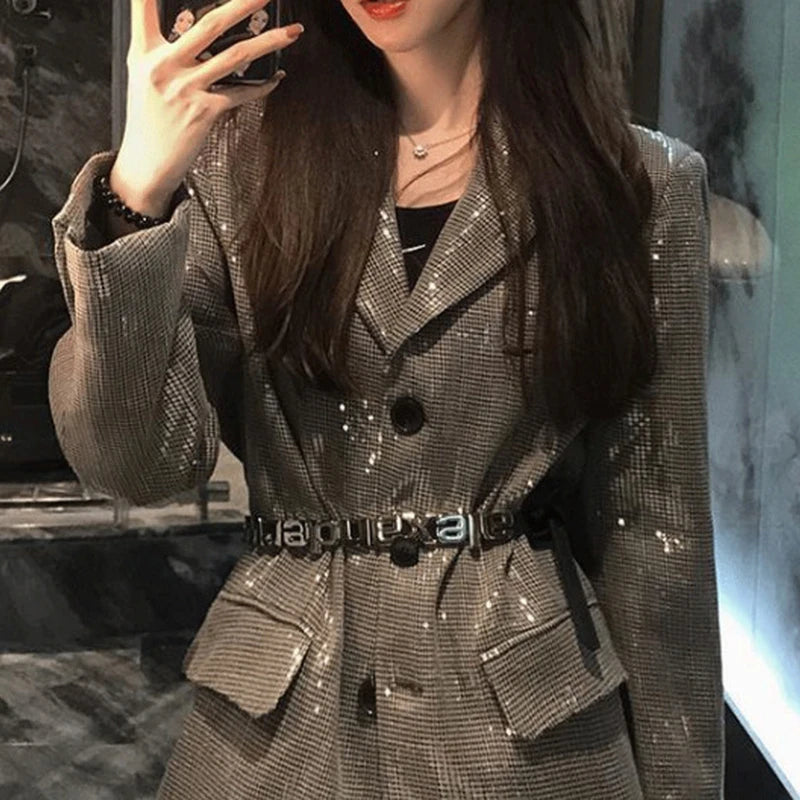 Spring Luxury diamond Suit Blazers Women medium long fashion suit skirt bow long sleeve suit Blazers Cool silver suit 20 colors