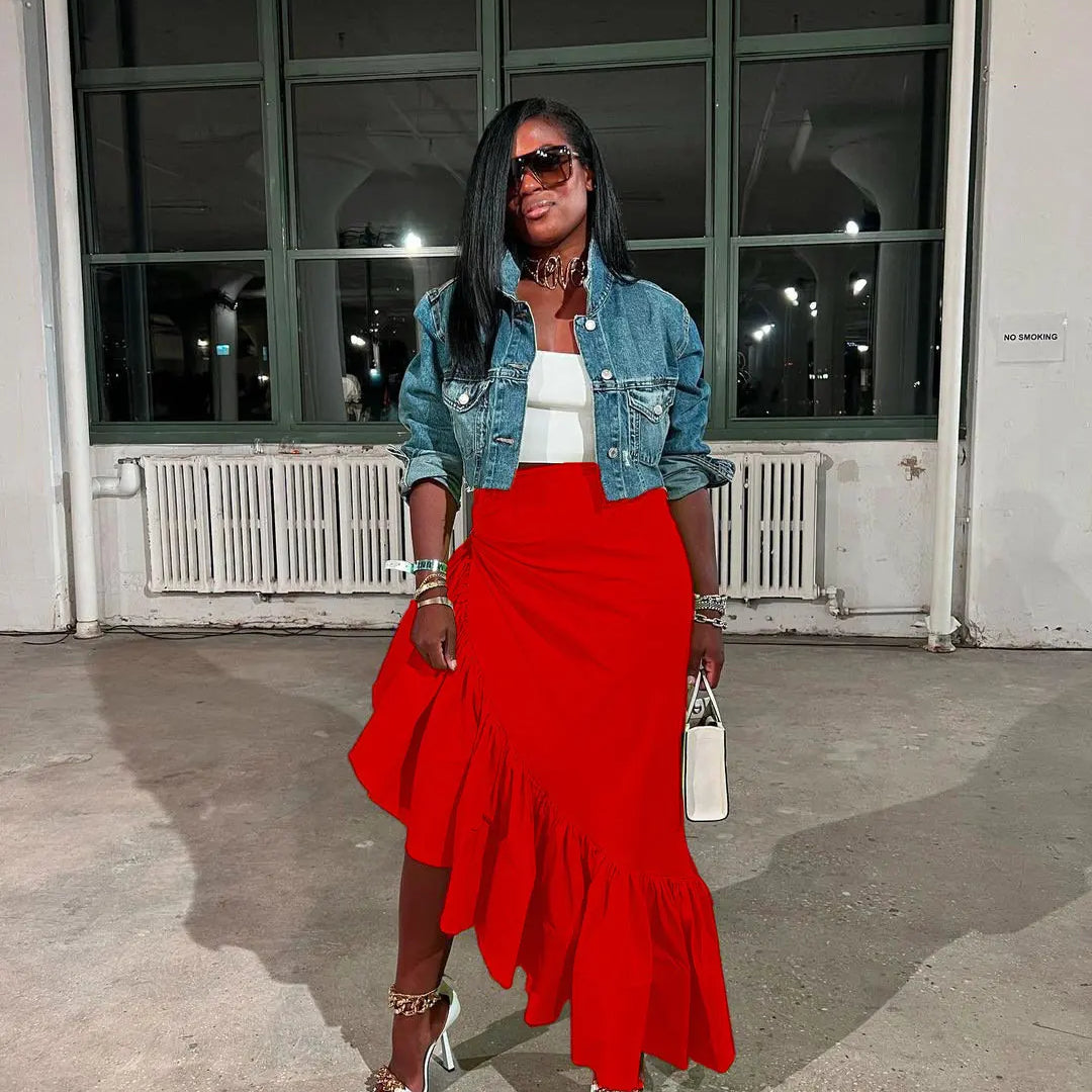 CM.YAYA Women Ruffles Hem Asymmetrical High Waist Maxi Long Skirt 2022 Autumn Winter Streetwear INS Fashion Skirts